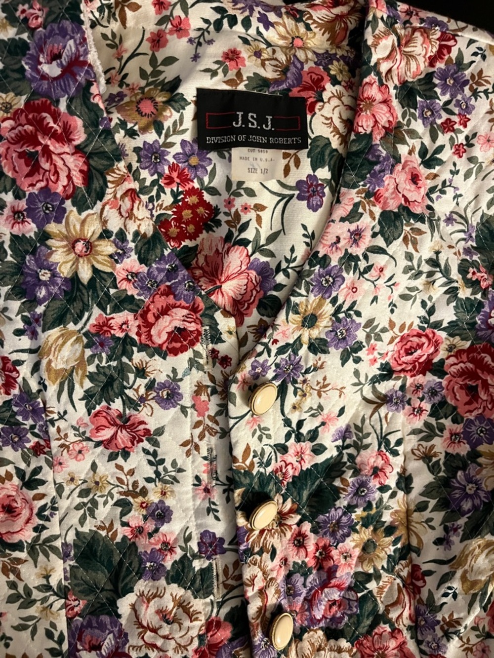 Floral Button-Front Women’s Top in Cream with Pink & Purple Blooms